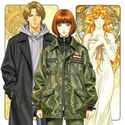 a copic maker manga portrait by yoshiyuki sadamoto and lois van baarle and alphonse mucha of a russian girl highly features wearing streetwear anorak and a pilot suit lots of zippers, pockets, synthetic materials, by issey miyake and balenciaga 8 k