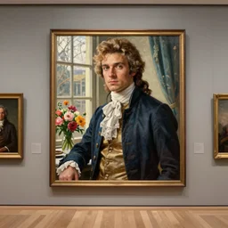 museum painting, wide - shot, photo of very handsome young yves saint - laurent in the age of 1 7, light golden brown hair, dressed in 1 8 th century clothes, laces, by the window, table with flowers, sharp focus, highly detailed, digital art, oil painting, masterpiece, artgerm, rutkowski, mucha, kinkade