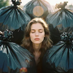 a vintage analog head and shoulder frontal face portrait photography of a beautiful woman surrounded by big black trash bags by alex prager. long hair. vogue. closed eyes. kodak portra 8 0 0 film. shallow depth of field. ( depth of field ). whirl bokeh!!. golden hour. detailed. hq. realistic. warm light. muted colors. filmic. dreamy. lens flare. mamiya 7 ii, f / 1. 2, symmetrical balance, in - frame