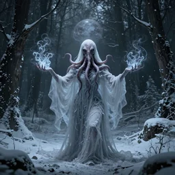 one eyed ethereal wraith like being with a squid like parasite overtaking its head the character also has two long tentacles for arms and skin like snow, this being lives in the snowy wasteland and feeds on lost souls, it is averse to light and hides in the shadows of the trees, it has umbrakinesis and cryokinesis and is being designed for the resident evil game series with inspiration from the silent hill franchise and the mind flayer from stranger things on netflix