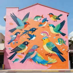 an enormous mural in pink and orange, many colorful birds and exuberant fish mixing and blending, urban Street art by refreshink, l7m, pantone, ghibli