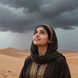 a young bedouin woman in the sahara desert looking up excitedly, at heavy monsoon rain