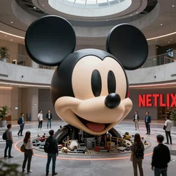 giant destroyed head of robotic mickey mouse surrounded by people, inside of abandoned netflix office, cyberpunk, by beeple, dystopia, golden ratio, octane render, redshift, trending on artstation, 8 k