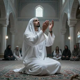 bedouin in white abaya with his hands raised towards the sky praying, he is in a mosque, concept art, intricate details, eerie, highly detailed, photorealistic, octane render, 8 k, unreal engine. art by artgerm and greg rutkowski and magali villeneuve and alphonse