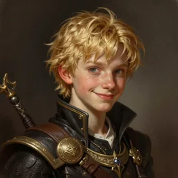 an epic fantasy comic book style portrait painting of a young blonde boy thief, d & d, fantasy, joyful smirk, intricate, elegant, highly detailed, digital painting, artstation, concept art, matte, sharp focus, illustration, art by artgerm and greg rutkowski and alphonse mucha