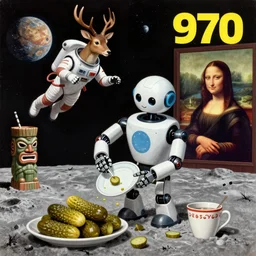 a clumsy humanoid robot doing the dishes badly. a 1 9 7 0 s book cover of a humanoid deer robot in a spacesuit floating in space in orbit of an alien planet in the style of moebius, a pickleball made of pickles, 4 k, photo, ariana grande as the monalisa, tiki bar on the moon surface, 1 9 7 0 s, 8