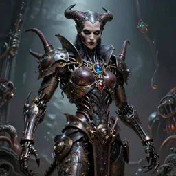 beautiful evil fantasy character portrait, ultra realistic, cyborg, wide angle, intricate details, the fifth element artifacts, highly detailed by peter mohrbacher, hajime sorayama, wayne barlowe, boris vallejo, aaron horkey, gaston bussiere, craig mullins