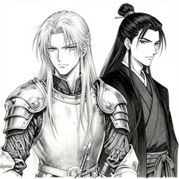 portrait of long hair blond man in armor with another man with long blong hair tyed up with black robes, pen and ink, intricate line drawings, by craig mullins, ruan jia, kentaro miura, greg rutkowski, loundraw