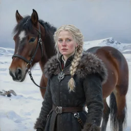 portrait of a nordic women in a snowy tundra, the nordic women has a horse, set in game of thrones. by Daniel F. Gerhartz, hyperrealistic oil painting, 4k, very detailed faces, studio lightning