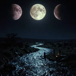 dark eerie movie frame, greek fantasy panorama, three different color moons above the magic shining river styx, at night, otherworldly, stanley kubrick, 1 7 mm, wide shot, surreal, deep