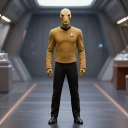 a Klingon standing in a Star Trek Federation hallway