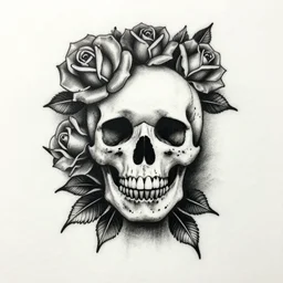tattoo design, stencil, drawing of a skull with roses around it, shading