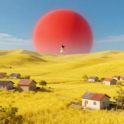 a yellow landscape with houses, big red orb in the sky, behind the landscape, a girl levitating above the landscape by miraruido, volumetric lighting, 8 k