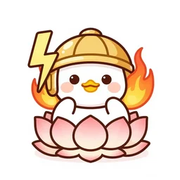 kawaii wacky fluffy popcorn brain with lightning bolt power, with golden helmet, yokai, in the style of a mamashiba, with a yellow beak, with a smiling face and flames for hair, sitting on a lotus flower, white background, simple, clean composition, symmetrical, suitable for use as a logo
