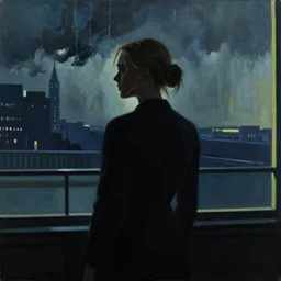 silhouette of Elle Fanning in the world of Edward Hopper, stormy weather, extremely detailed masterpiece, oil on canvas, low-key neon lighting, artstation, Blade Runner 2049, Roger Deakin’s cinematography, by J. C. Leyendecker and Peter Paul Rubens,