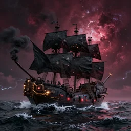 an impressionist image of a tumultuous seascape with a cyberpunk pirate ghostship sailing. smoke black and maroon colour scheme. electricity wave. intricate masterpiece. circuitboard. sparks. rich deep colours. heavenly glow. nebulae. plasma.