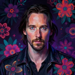 portrait of keanu reeves, hyper detailed masterpiece, neon floral pattern, jean giraud, digital art painting, darkwave goth aesthetic, psychedelic, artgerm, donato giancola and tom bagshaw