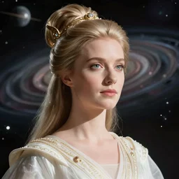portrait of the powerful empress of the solar system in the style of anna dittmann and in the style of viktor safonkin. glowing, ornate and intricate linework, stunning, dynamic lighting, ultrafine and hyperdetailed.