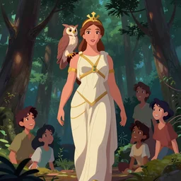full body shot of the goddess athena with owl on shoulder, pine forest, cel shaded vector art, toon shading, behance, hd by lois van baarle, artgerm, helen huang, by makoto shinkai and ilya kuvshinov, rossdraws, disney animation still