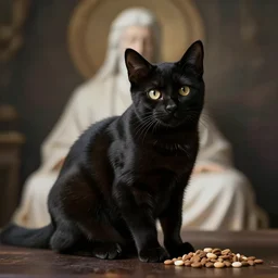 a small black cat sitting at the food of god