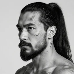 a black and white image of a warrior man with face tattoos, black ponytail and beard, realistic shaded, fine details, realistic shaded lighting poster by greg rutkowski, magali villeneuve, artgerm, jeremy lipkin and michael garmash and rob rey