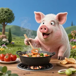 landscape studio photograph of a pig cooking dinner depicted as a muppet