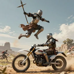 a knight with a lance jumping high above a gladiator on a motorcycle, digital art, 4k, epic