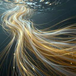 thousands of thin threads of translucent gold and silver unravel and twist and flow underwater in a fast current, fantasy, magic, unreal engine