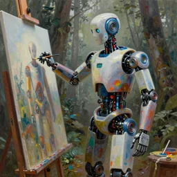 colourful artist robot painting an artwork on a canvas in front of a forest, paint and color, robotic enhancements, desaturated, Tim Hildebrandt, Wayne Barlowe, Bruce Pennington, donato giancola, larry elmore, oil on canvas, masterpiece, trending on artstation, featured on pixiv, cinematic composition, dramatic pose, beautiful lighting, sharp, details, hyper-detailed, HD, HDR, 4K, 8K