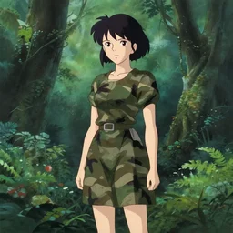 female character wearing a camouflage dress by yohji yamaoto in a dense misty jungle the style of mamoru oshii