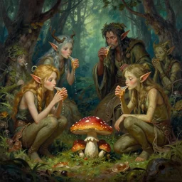 detailed painting of elfs in the moosy forest clearing drinking mushroom nectar, in the style of peter mohrbacher, james jean, artgerm, dramatic lighting and composition, surreal background, octane render, pixar, trending on artstation, concept art, comic book, 8 k