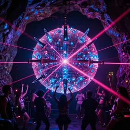 cinematic shot of a goth disco nightclub in a cave, sphere of knives made of pink lasers and blue crystals, people dancing, 8k photo, award winning, masterpiece