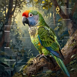 parrot blueprint diagram, nature biology magazine, scientific american biology magazine, leonardo da vinci, digital art illustration, impressionist oil painting, intricate