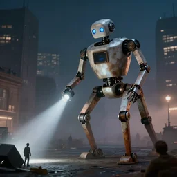 three-legged robot from the story War of the Worlds by Herbert Wales, rises above the foggy city at night and shines searchlights on the ground in search of people, realism,