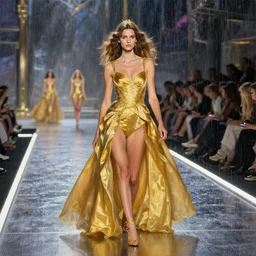 baroque oil painting of key visual victoria secret runway show, rain, brutalist fantasy, rule of thirds golden ratio, fake detail, trending pixiv fanbox, acrylic palette knife, style of makoto shinkai takashi takeuchi yoshiyuki sadamoto