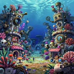 painted anime background of an underwater mall in the slums built from various coral seashells and being reclaimed by nature, nostalgia, vaporwave, litter, steampunk, cyberpunk, caustics, anime, vhs distortion, inspired by splatoon by nintendo, art created by miyazaki
