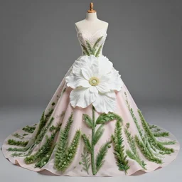 light pink wedding dress. with white large exotic large, exotic. flowers. of zigzag intricate pattern of green fluffy. herbs. in the fantasy style. dress with train. hyper - realistic photo.