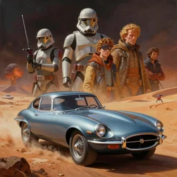 moebius and ralph mcquarrie jaguar e - type futuristic sci - fi painting, star wars, thx 1 1 3 8, logan's run, speed racer, dune, the incal
