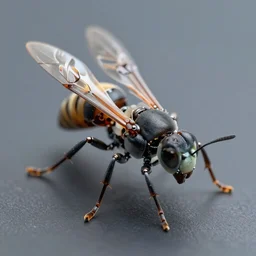a macro closeup of the full body of a single robotic wasp. photorealistic. octane render. highly detailed.