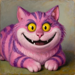 portrait of the cat of cheshire bosch with pink and purple stripes and a malicious smile by hieronymus bosch. oil on wood