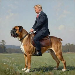 Donald Trump riding on the back of a giant boxer dog with a saddle, oil painting highly detailed