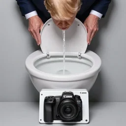 Donald Trump flushing a voting machine down the toilet, Canon EOS R3, f/1.4, ISO 200, 1/160s, 8K, RAW, unedited, symmetrical balance, in-frame
