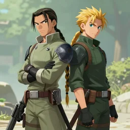 solid snake and aloy standing back to back, posing, medium shot, natural lighting, digital art, illustration, highly detailed, by helene knoop