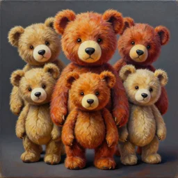 intricate five teddy bear, oil on canvas, hdr, high detail, photo realistic, hyperrealism, surrealism, cinematic, matte finish, high contrast, 3 d depth, centered, masterpiece, vivid and vibrant colors, enhanced light effect, enhanced eye detail, artstationhd