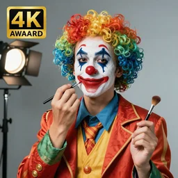 a clown putting on makeup, fine - art photography, portrait, award - winning photo, 4 k, 8 k, studio lighting, nikon d 6, 3 5 mm