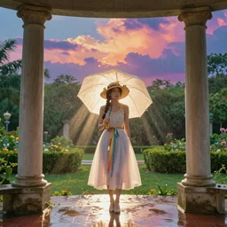 woman holding an umbrella, garden colonnade, rainy, brilliant god rays, vibrant colorful twilight clouds, diaphanous skirts, ribbons, sunhat with flowers, hearthstone, by artgerm, by greg rutkowski, by alphonse mucha, by bouguereau, by ruan jia, by and conrad roset,