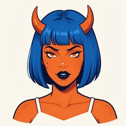 illustrated portrait of orange-skinned devil woman with blue hair cut in a bob by rossdraws