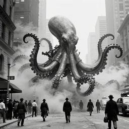 old black and white photo, 1 9 1 3, depicting a giant alien dieselpunk octopus rampaging through the bustling streets of new york city, historical record, volumetric fog