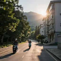 Taiwan mountainous forests on the moon street photo, Khrushchyovkas, sunrise, flying scooters, long shadows, photorealistic, stunning, magnum photos 4k