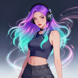 a award winning half body portrait of a beautiful woman with stunning eyes in a croptop and cargo pants with ombre purple pink teal hairstyle with headphones on her ears by thomas danthony, surrounded by whirling illuminated lines, outrun, vaporware, shaded flat illustration, digital art, trending on artstation, highly detailed, fine detail, intricate
